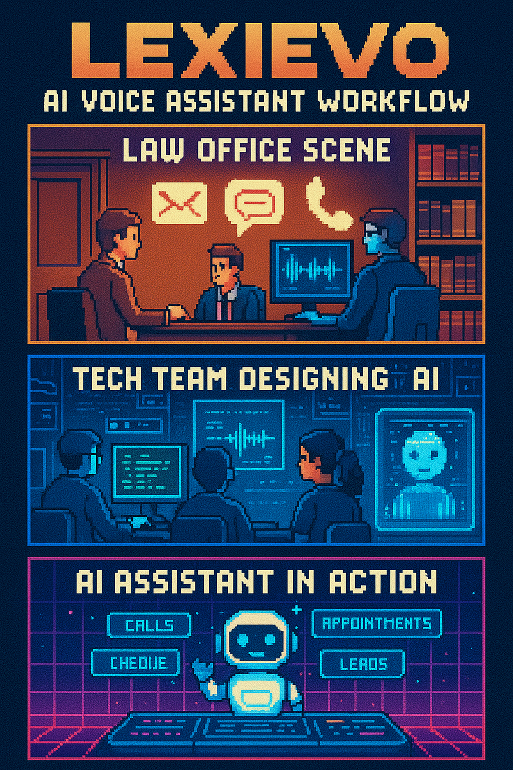 LexiEVO AI Voice Assistant Workflow - Law Office Scene, Tech Team Designing AI, and AI Assistant in Action